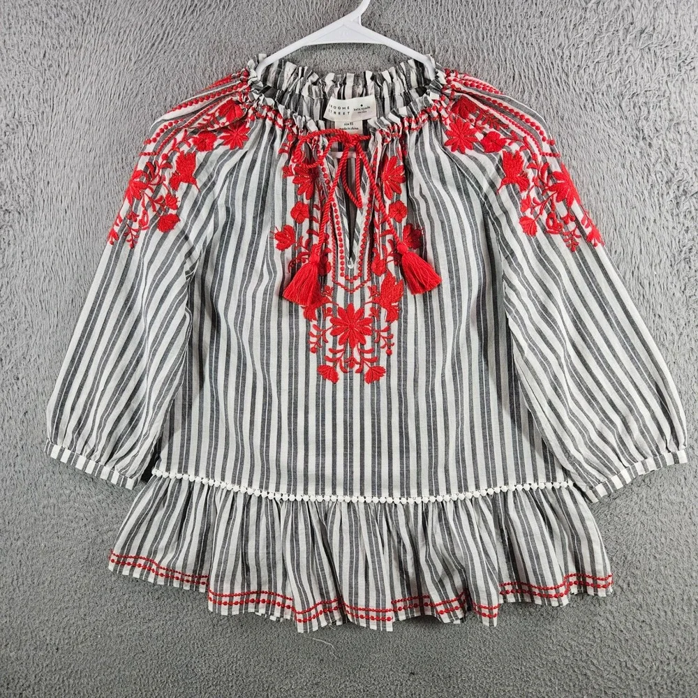 Kate Spade Broome Street Embroidered Striped Peplum Blouse Black White Red XS